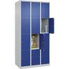 4er-Schließfachschrank Classic PLUS 3 Abteile lichtgrau / enzianblau B 900 mm 12 Fächer mit Bodengleitern.