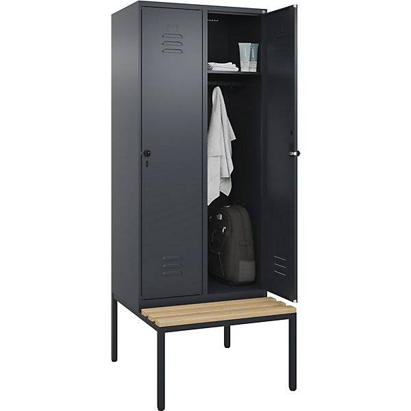 Spind Classic PLUS Sitzbank 2 Abteile grau B 800 mm Sicherheits-Drehriegel untergebaut Buche-Hartholz. C+P