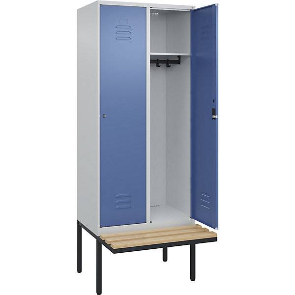 Spind Classic PLUS Sitzbank 2 Abteile lichtgrau / fernblau B 800 mm Zylinderschloss auskragend