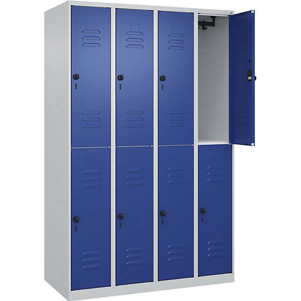 Doppelstock-Spind Classic PLUS 4 Abteile lichtgrau / enzianblau HxB 1850 x 1200 mm mit Bodengleitern