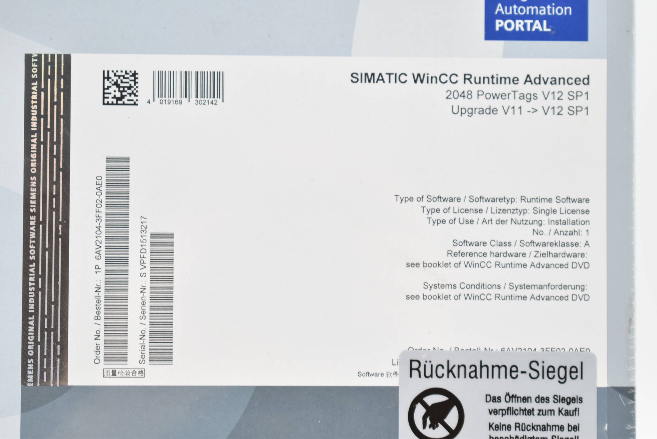 Siemens simatic WinCC Runtime Advanced 2048 PowerTags V12 SP1 6AV2104-3FF02-0AE0-1