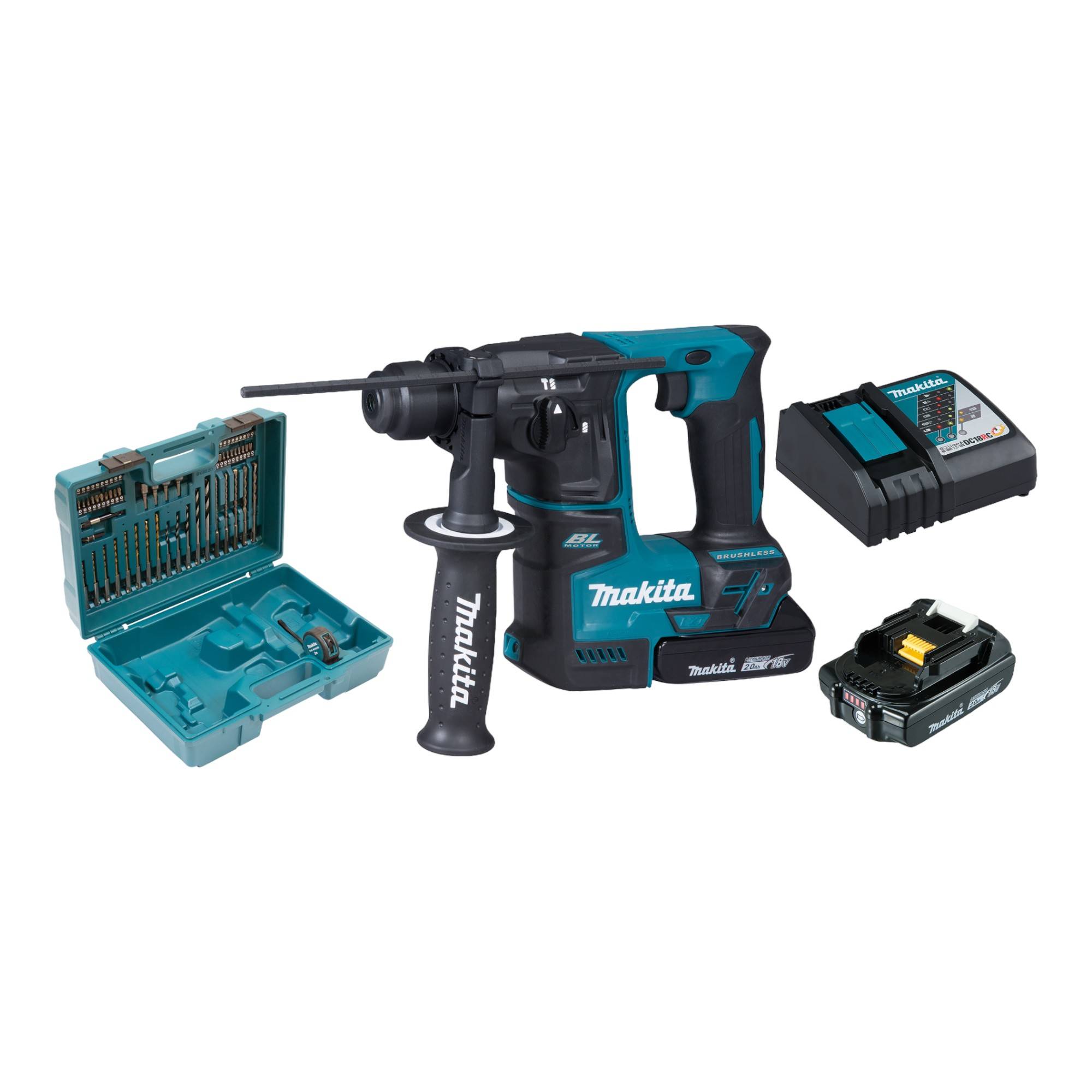 Makita DHR 171 RAX3 Akku Bohrhammer 18 V 1.2 Joule SDS Plus Brushless + 2x Akku 2,0 Ah + Ladegerät + 65 tlg Set + Koffer-0