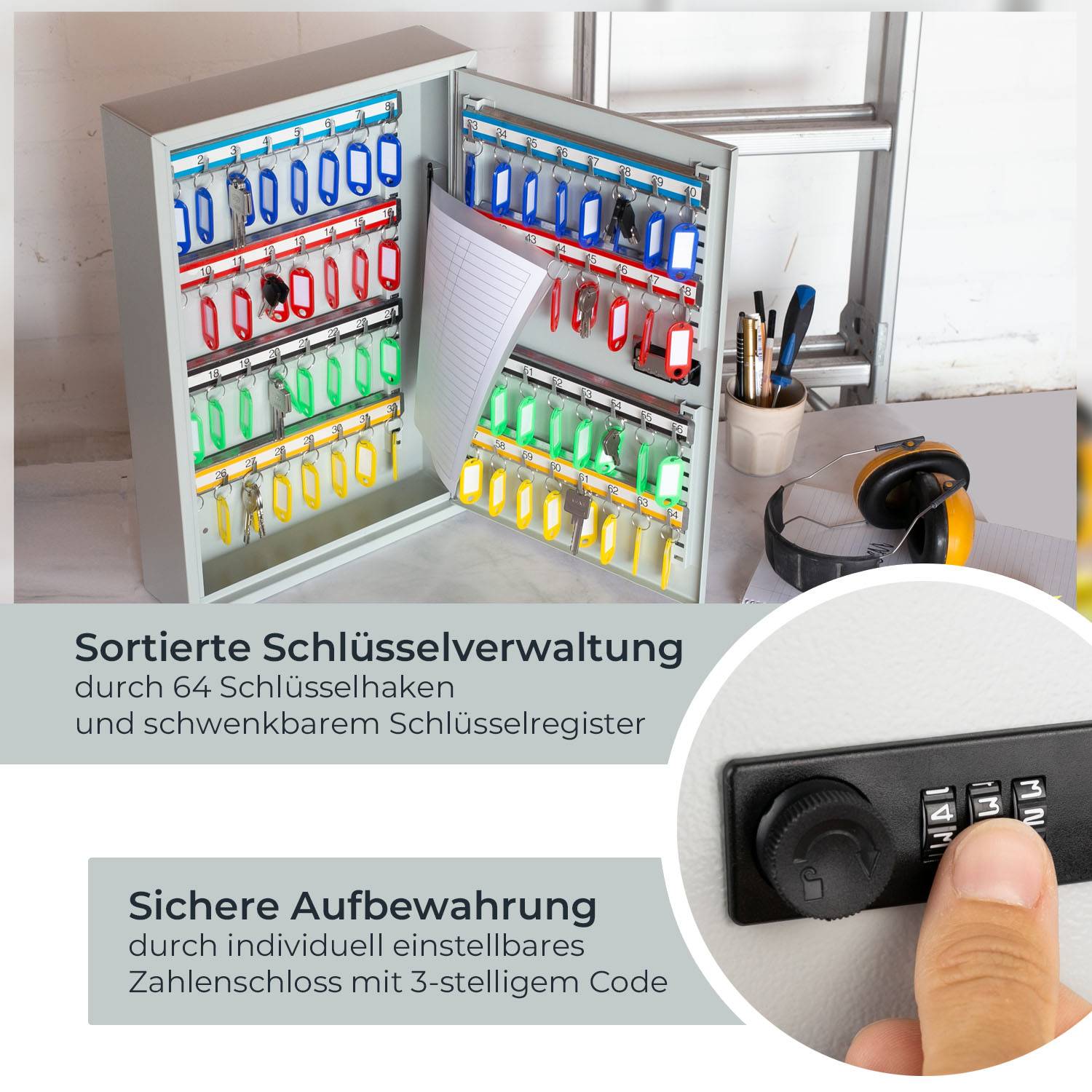 HMF 13664-07 Schlüsselschrank mit Zahlencode, Schlüsselkasten groß, 64 Haken, 45 x 30 x 8 cm, Lichtgrau-1