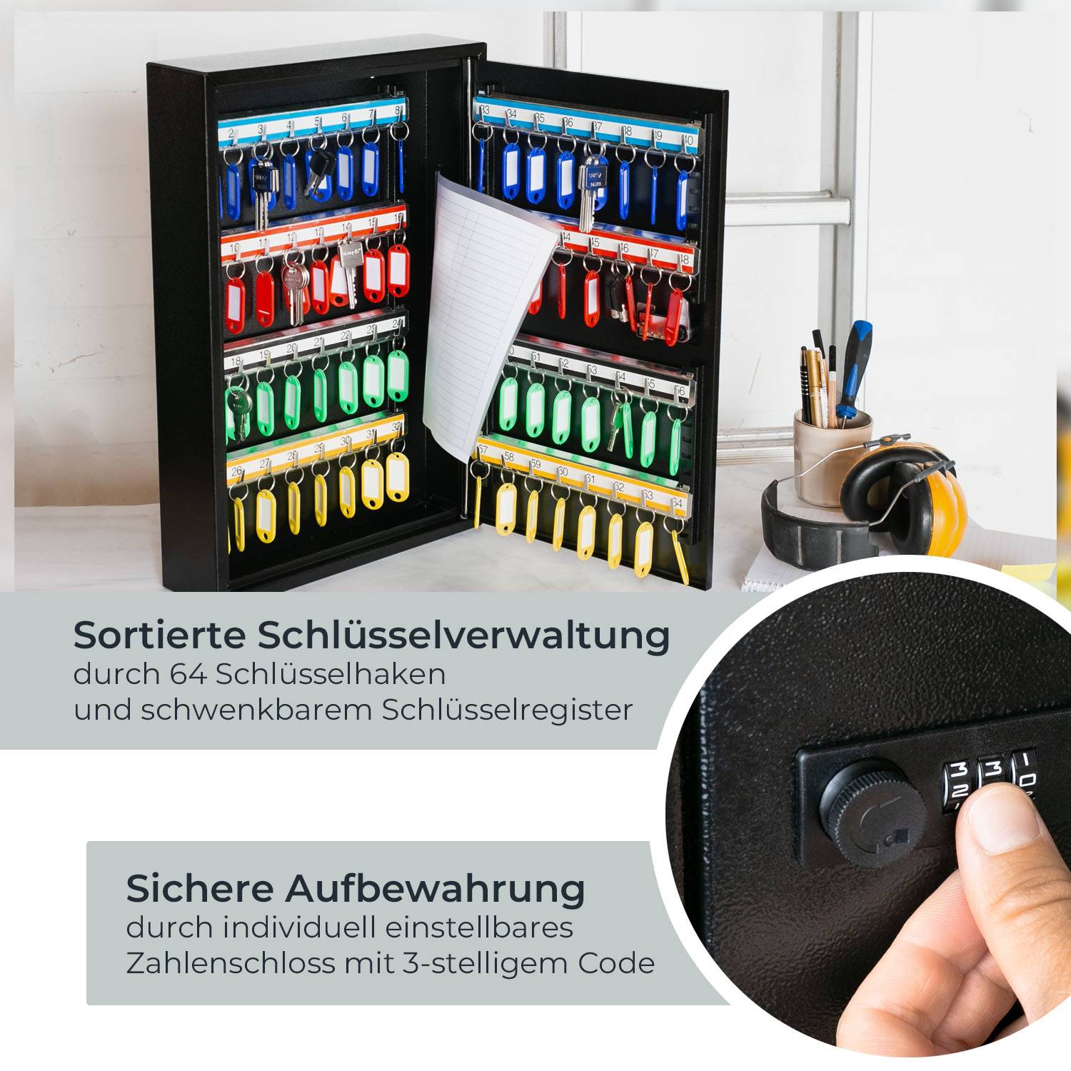 HMF 13664-02 Schlüsselschrank mit Zahlencode, Schlüsselkasten groß, 64 Haken, 45 x 30 x 8 cm, Schwarz-1