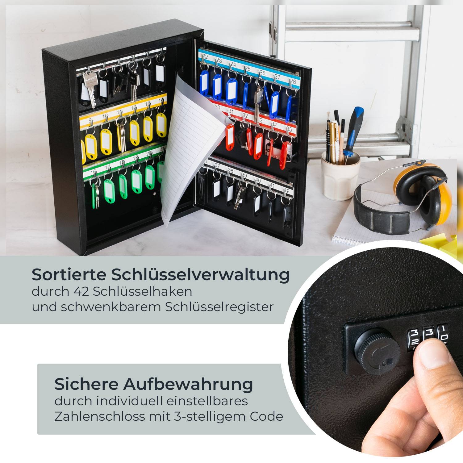 HMF 13642-02 Schlüsselschrank mit Zahlencode, Schlüsselkasten groß, 42 Haken, 35 x 27 x 8 cm, Schwarz-1
