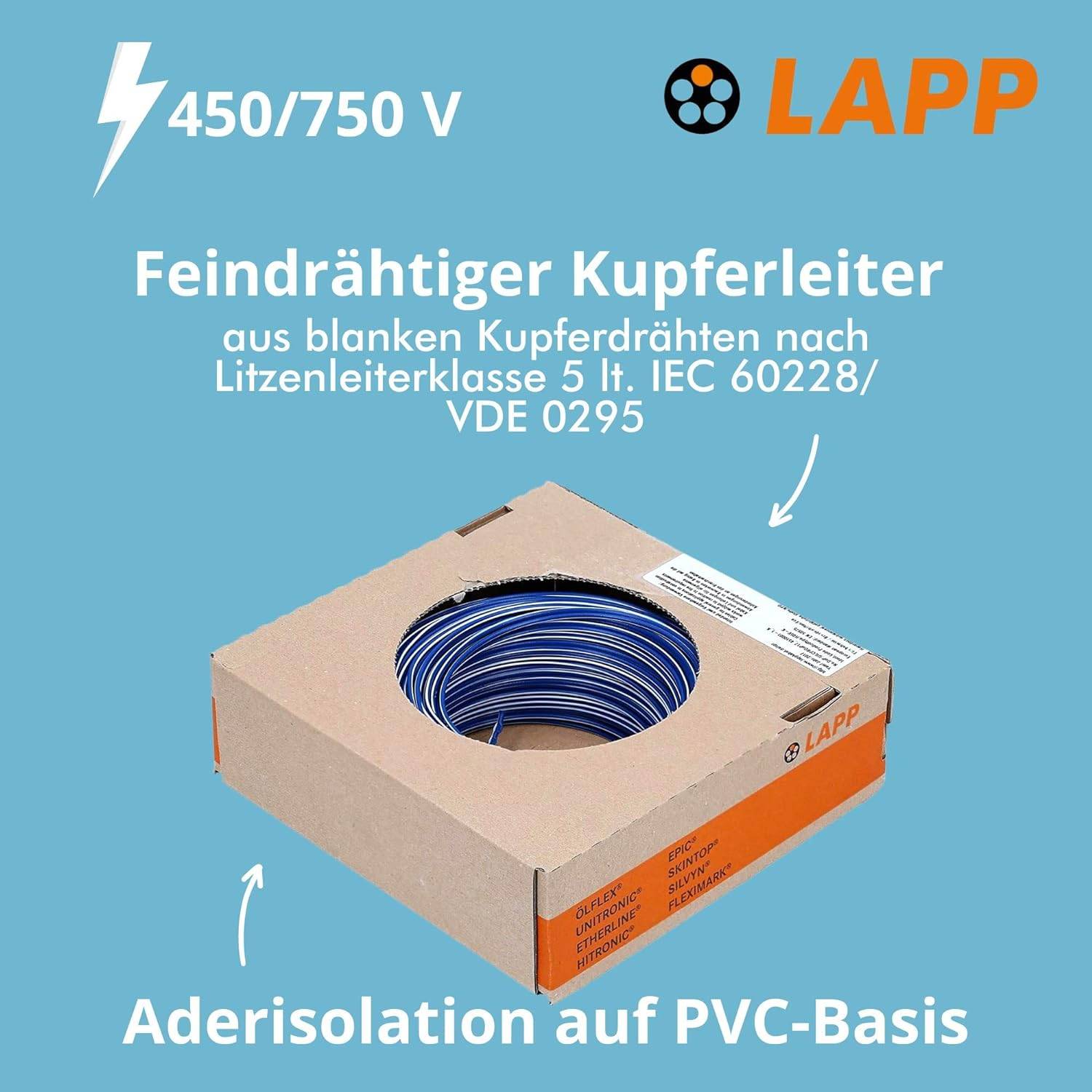 100 Meter Lapp 4520921 H07V-K 1,5 mm² dunkelblau-weiß I Verdrahtungsleitung I Aderleitung flexibel I PVC-Einzelader I Li-1