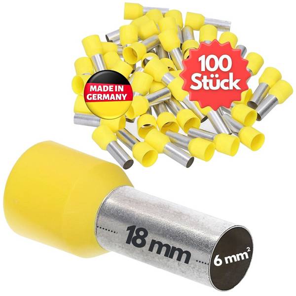 100 Stück Kalitec AE618GR Aderendhülsen isoliert 6,0mm² 18mm lang gelb I Made in Germany I Industriequalität