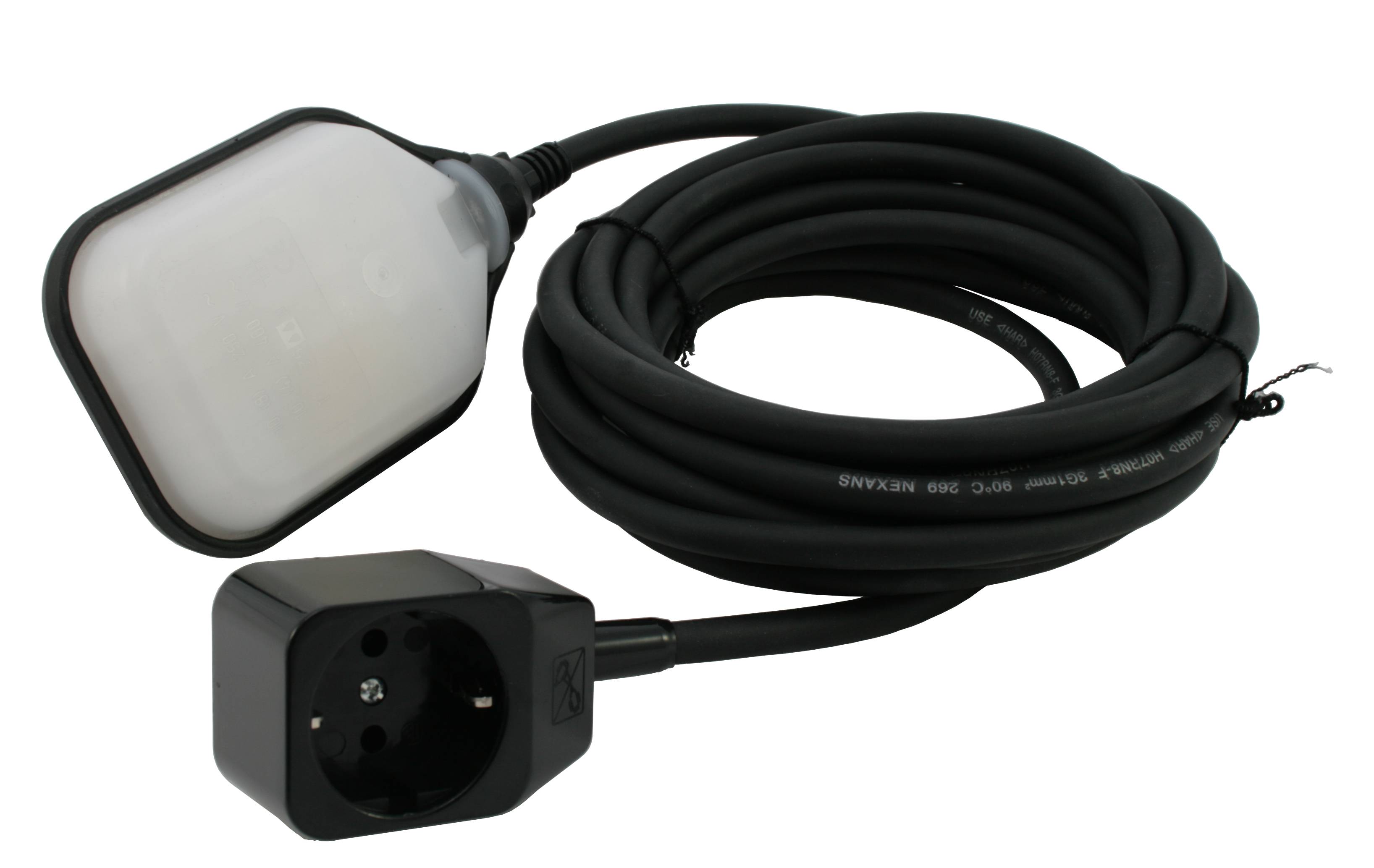 Das Bild zeigt einen elektronischen Schwimmerschalter aus schwarzem Kunststoff. Zu sehen sind ein Schwimmer und ein zusammengerolltes Kabel, das in einer Netzsteckdose endet.