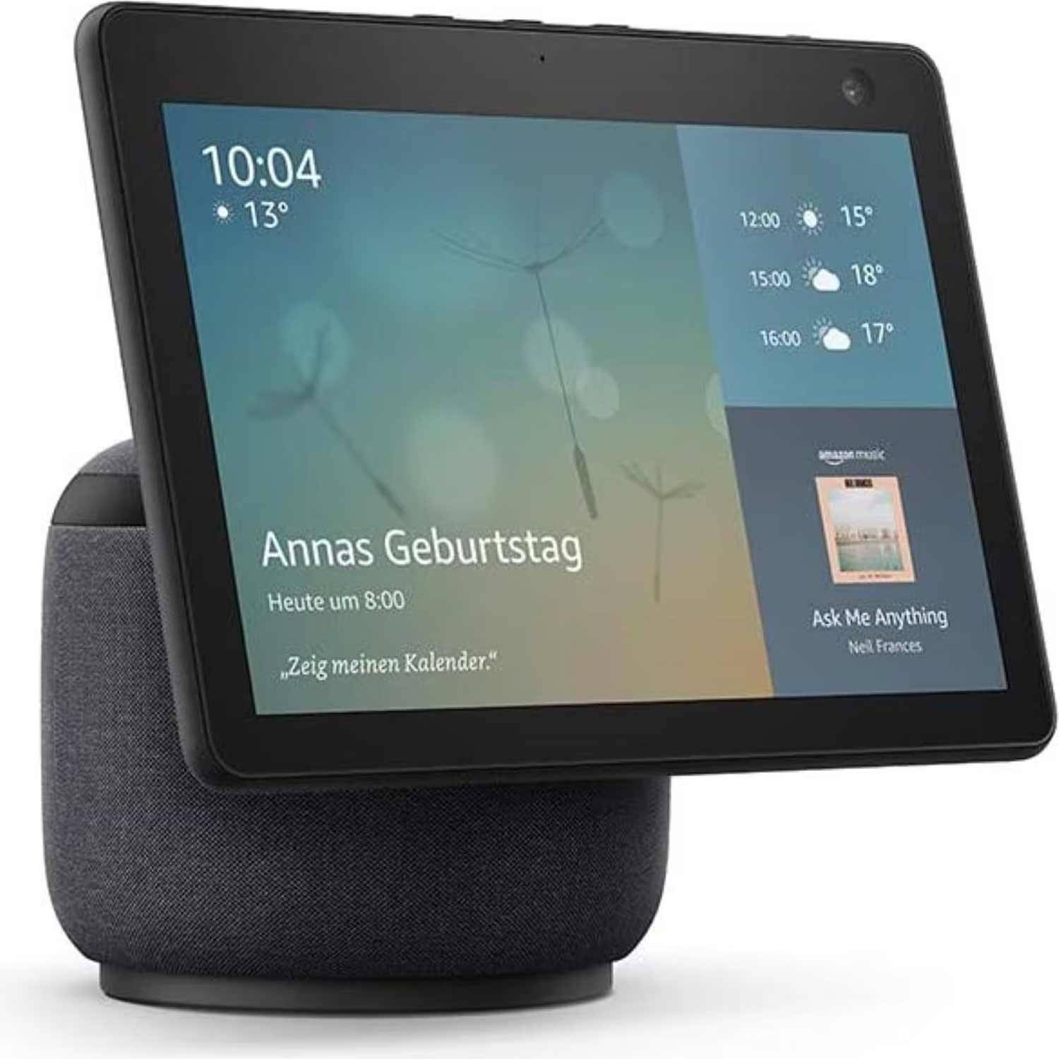 Ein Amazon Echo Show Smart Display zeigt Uhrzeit, Wetter, Kalender und Amazon Music auf dem Bildschirm.
