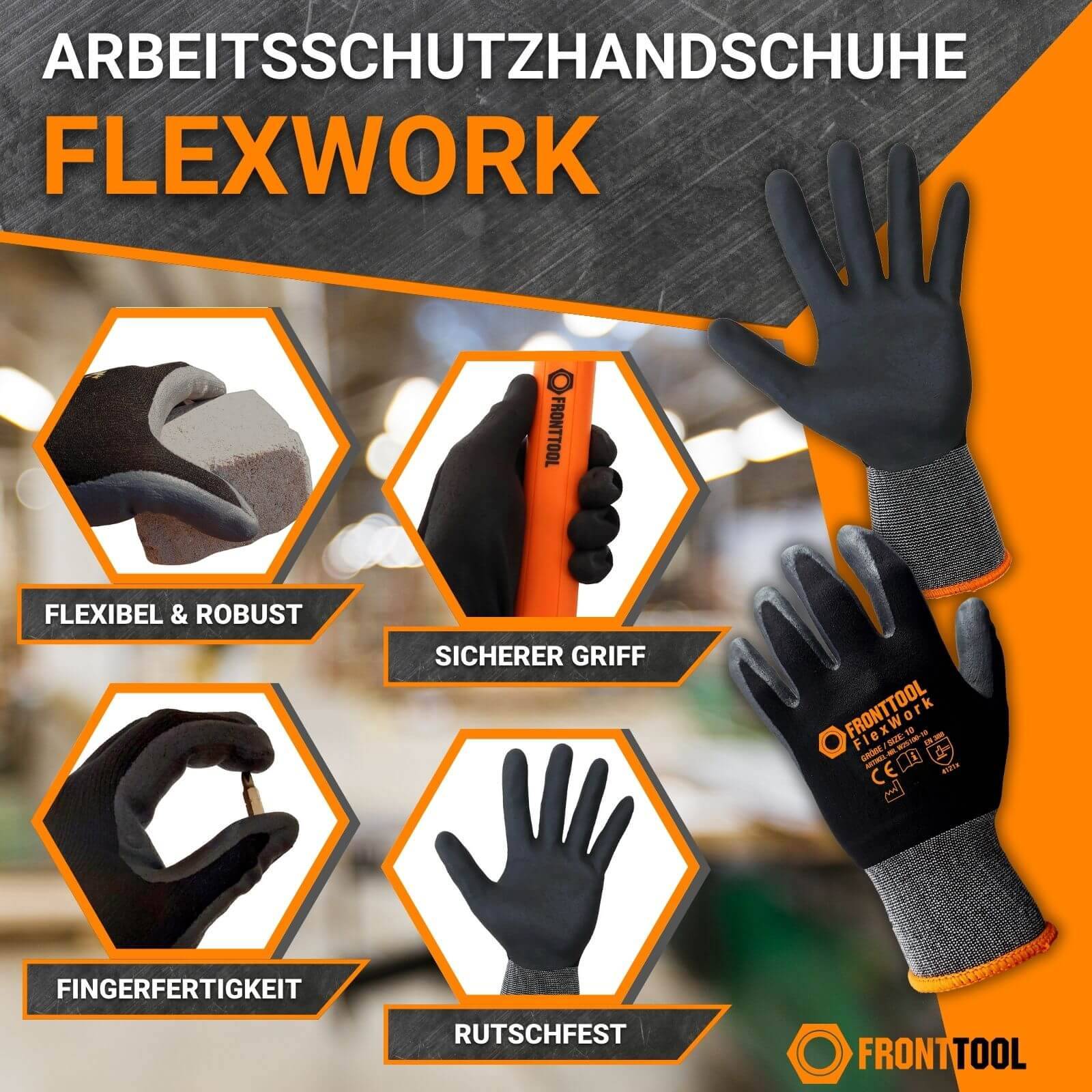 FRONTTOOL Arbeitshandschuhe FlexWork 3 Paar - Größe:10-1