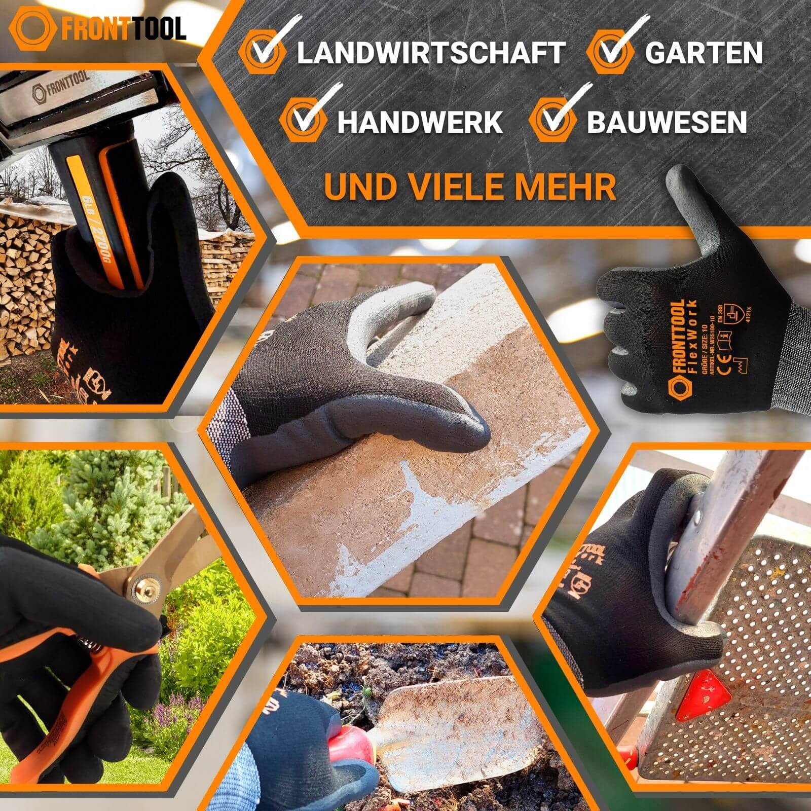 FRONTTOOL Arbeitshandschuhe FlexWork 3 Paar - Größe:10-2