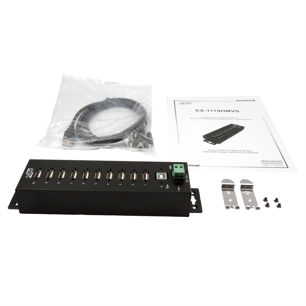 EXSYS EX-1170HMVS 10 Port USB 2.0 Metall HUB, 15KV Surge Protection-2