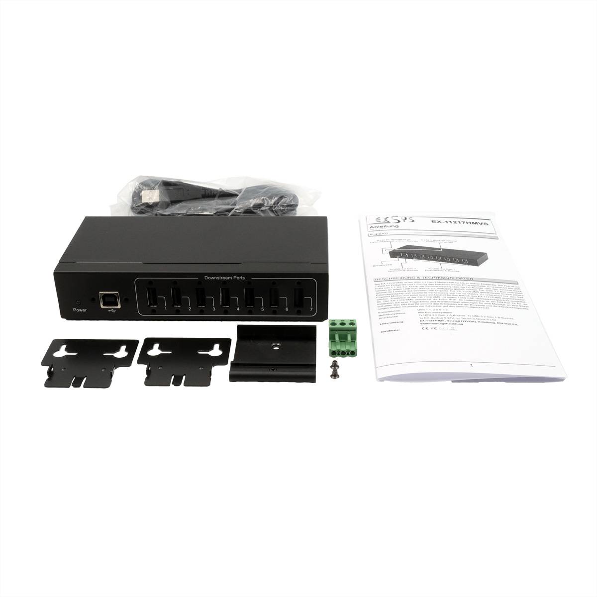 EXSYS EX-11217HMVS 7 Port USB 2.0 Metall HUB mit Netzteil 5V/2A Genesys Chipset-2