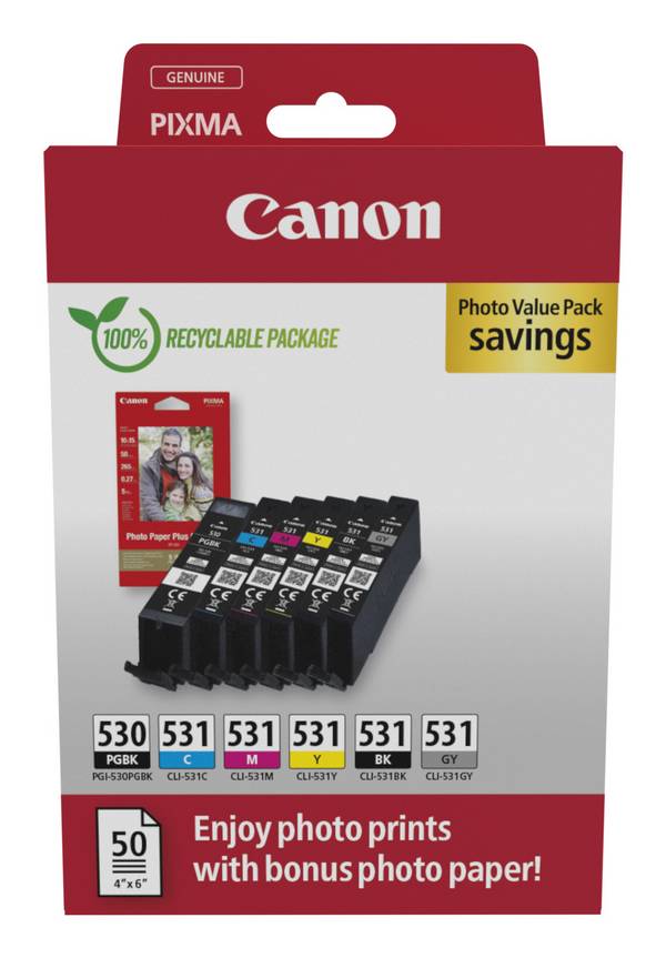 Canon PGI-530 / CLI-531 Photo Value Pack PGBK/C/M/Y/BK/GY Can. Single Ink Series PGI-530/CLI-531 + PP-201 4x6 Paper 1x50