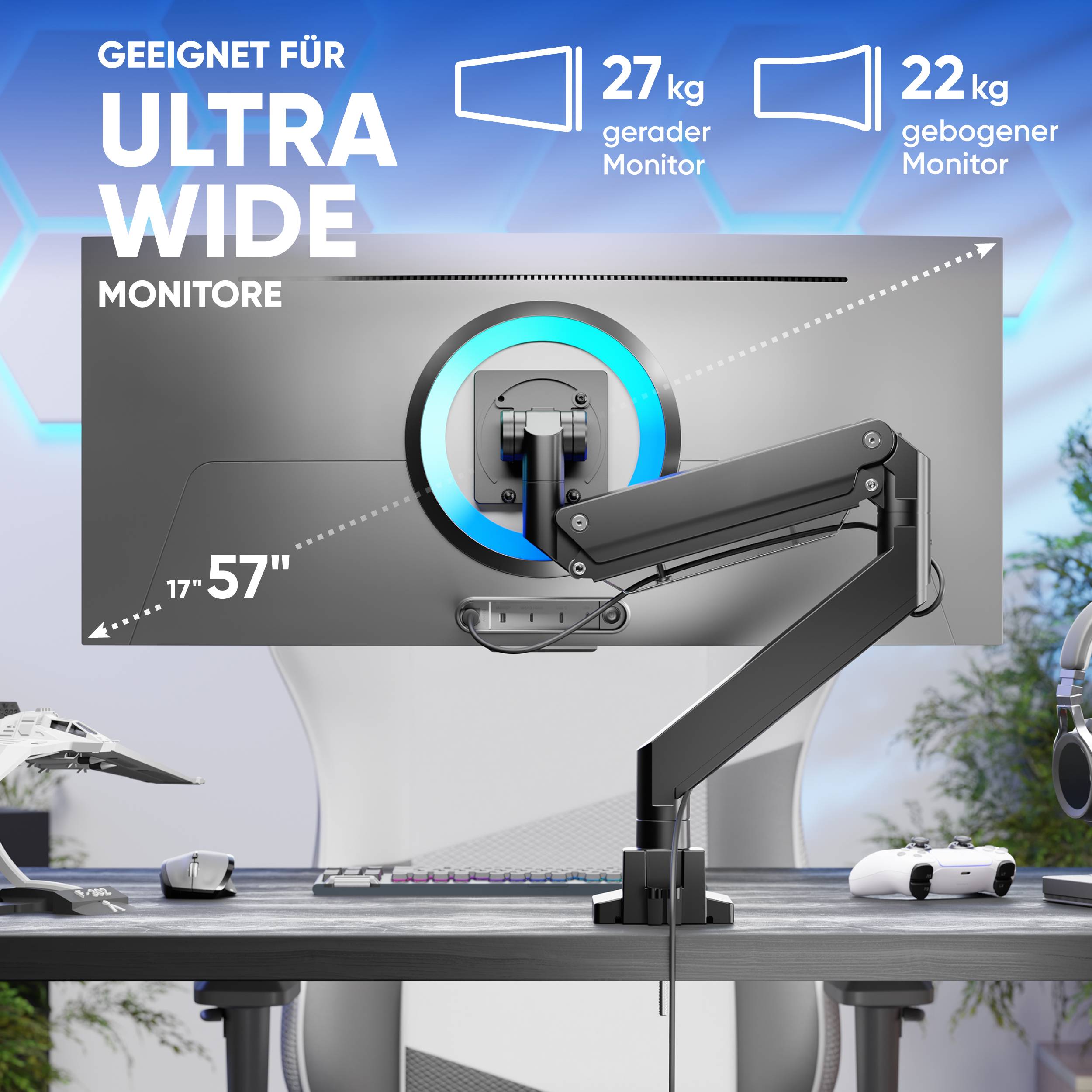 ONKRON PC Monitor Tischhalterung 17"-57", 27 kg max, VESA 75x75-200x200, Schwenkbar, Neigbar, G130-B Schwarz-1