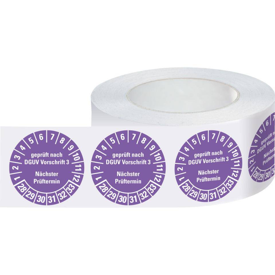 Prüfplakette Geprüft nach DGUV Vorschrift 3 Nächster Prüftermin 28-33, violett, Dokumentenfolie, Ø25mm, 500/Rolle-2