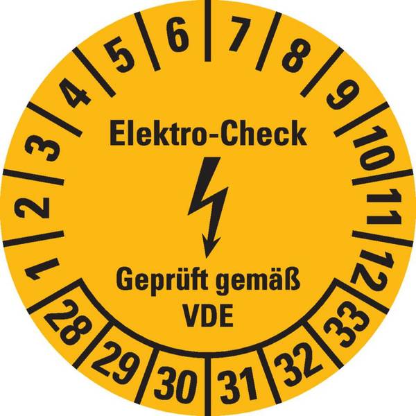 Prüfplakette Elektro-Check, VDE, 28-33, gelb, Dokumentenfolie, Ø20mm, 500/Rolle