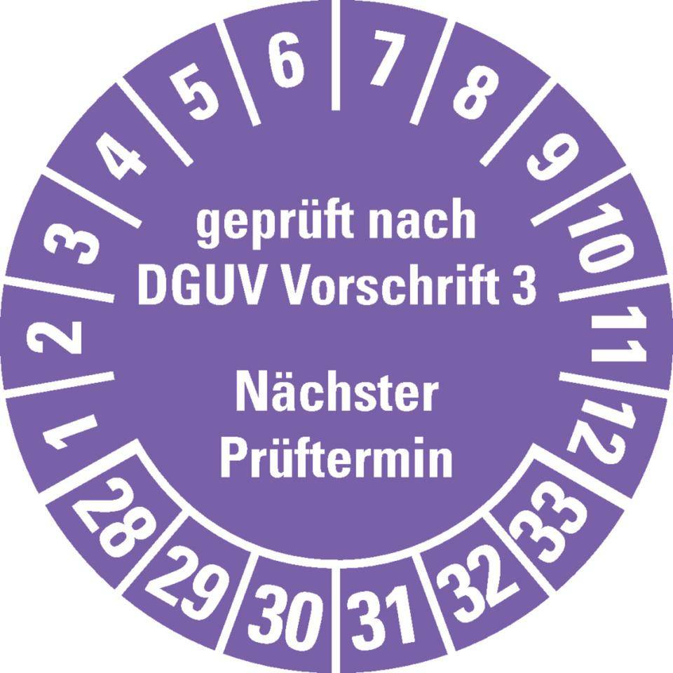 Prüfplakette Geprüft nach DGUV Vorschrift 3 Nächster Prüftermin 28-33, violett, Dokumentenfolie, Ø25mm, 500/Rolle-0