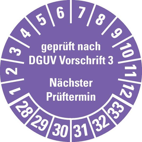 Prüfplakette Geprüft nach DGUV Vorschrift 3 Nächster Prüftermin 28-33, violett, Dokumentenfolie, Ø25mm, 500/Rolle