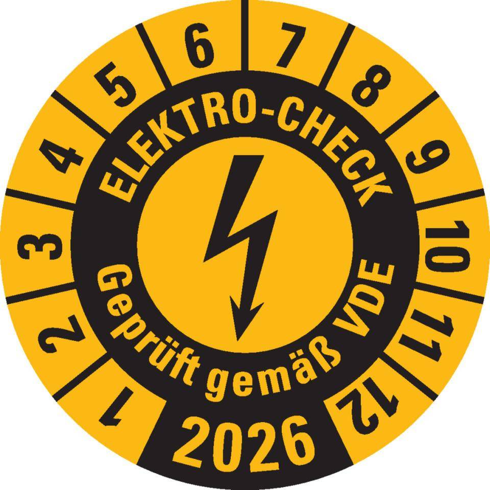 Prüfplakette ELEKTRO-CHECK Geprüft.., 2026, gelb, Dokumentenfolie, Ø 20mm, 36/Bogen-0