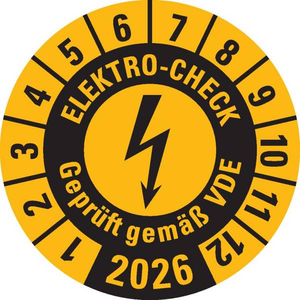 Prüfplakette ELEKTRO-CHECK Geprüft.., 2026, gelb, Dokumentenfolie, Ø 20mm, 36/Bogen