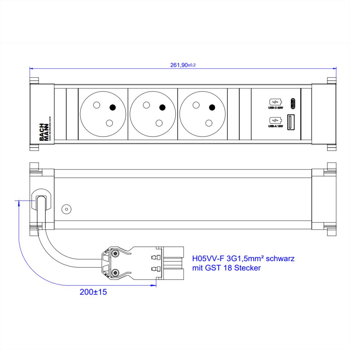 BACHMANN POWER FRAME M 3xUTE 1xUSB A&C 22W 0,2m GST18-1