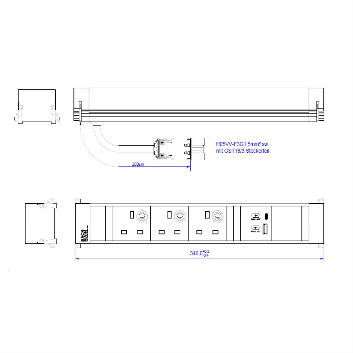 BACHMANN POWER FRAME L 3xUK, 1xUSB A/C 22W 0,2m GST18 United Kingdom-0