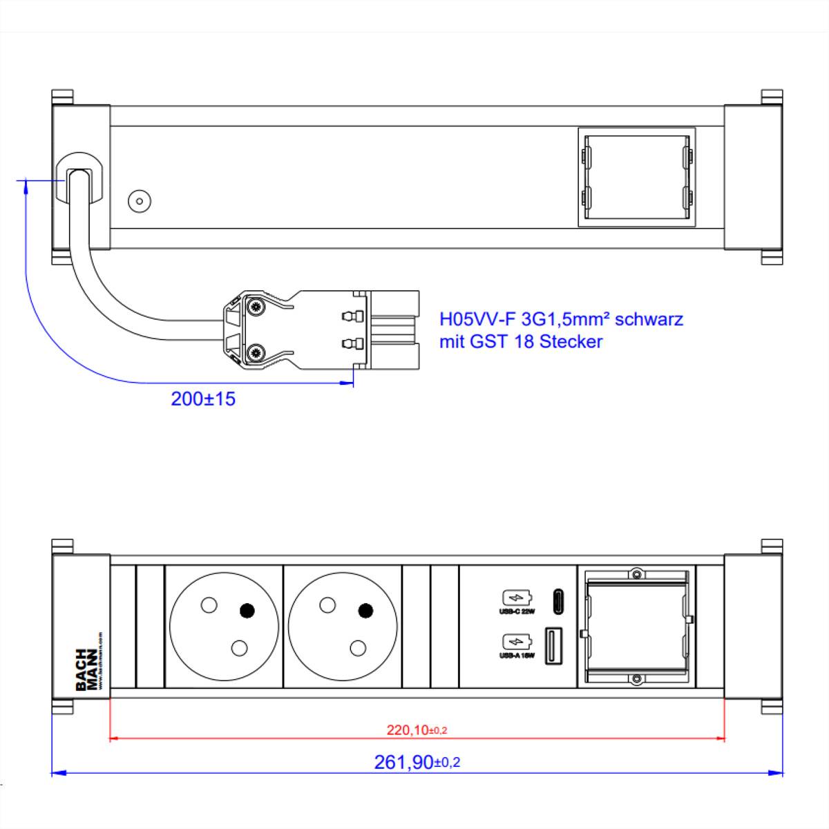 BACHMANN POWER FRAME M 2xUTE 1xCM 1xUSB A/C 22W 0,2m GST18-1
