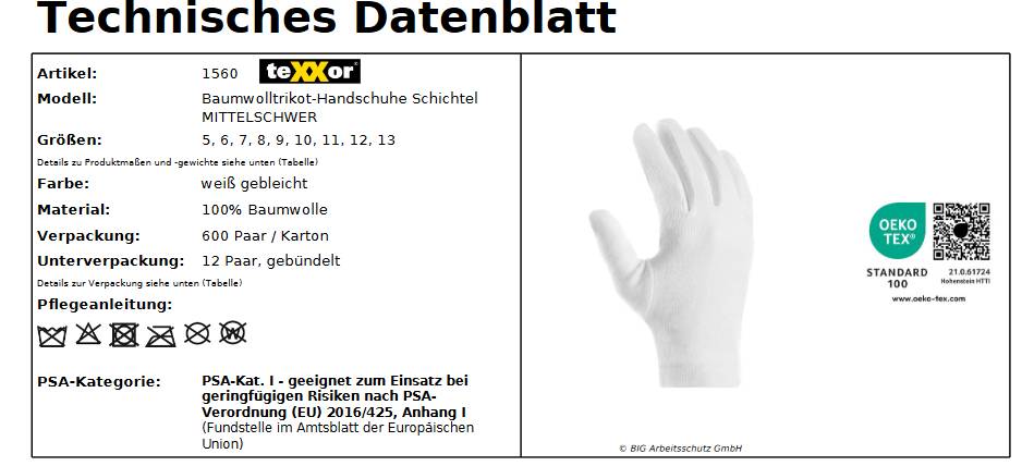 1560 texxor Baumwolltrikot-Handschuh mittelschwer Schichtel 600 Paar Gr 13-1