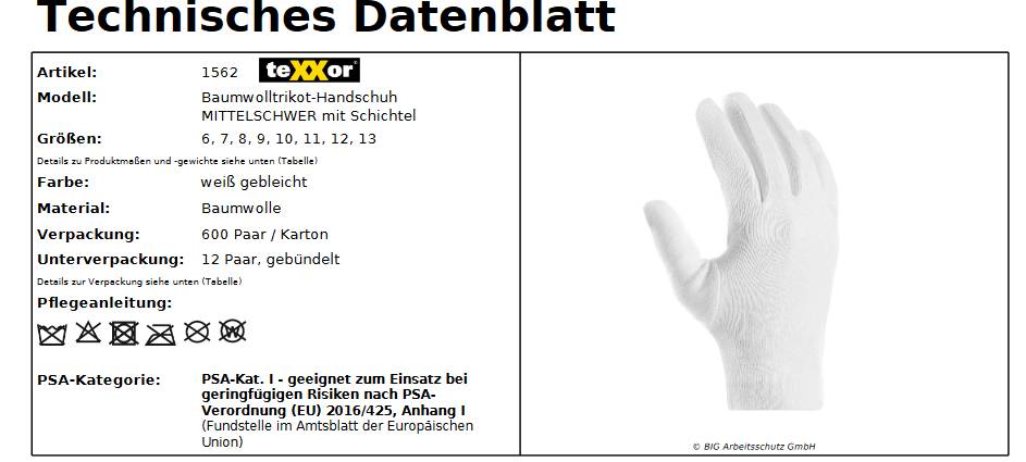 1562 texxor Baumwoll-Arbeitshandschuhe weiß mit Schichtel 12 Paar Gr 7-1