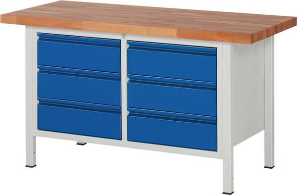 Werkbank, BxTxH 1500x700x840-1040 mm, Platte Buche 40 mm, 6 Schubladen 180 mm, RAL 7035/5010