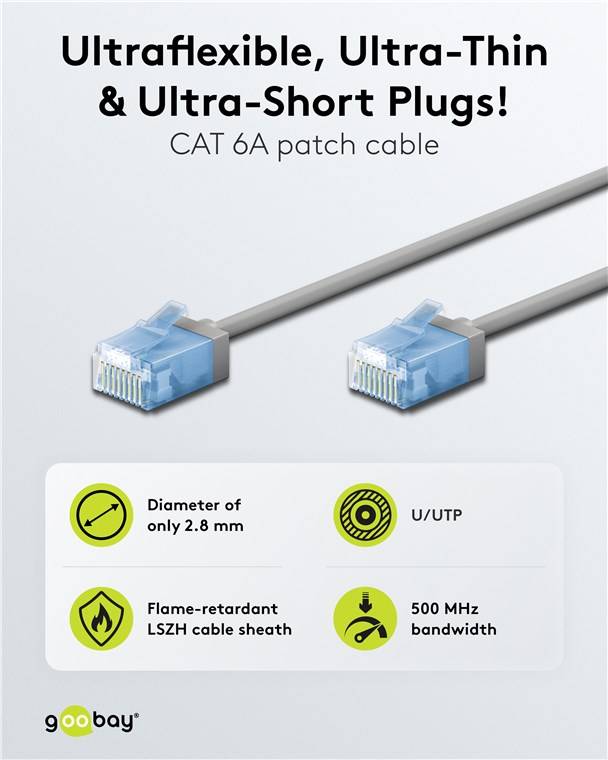Goobay 74220 CAT 6A Slim Kabel Netzwerkkabel RJ45 Stecker 500 MHz Kupfer Patchkabel Ethernet LAN Kabel U/UTP Grau 0,25m-1