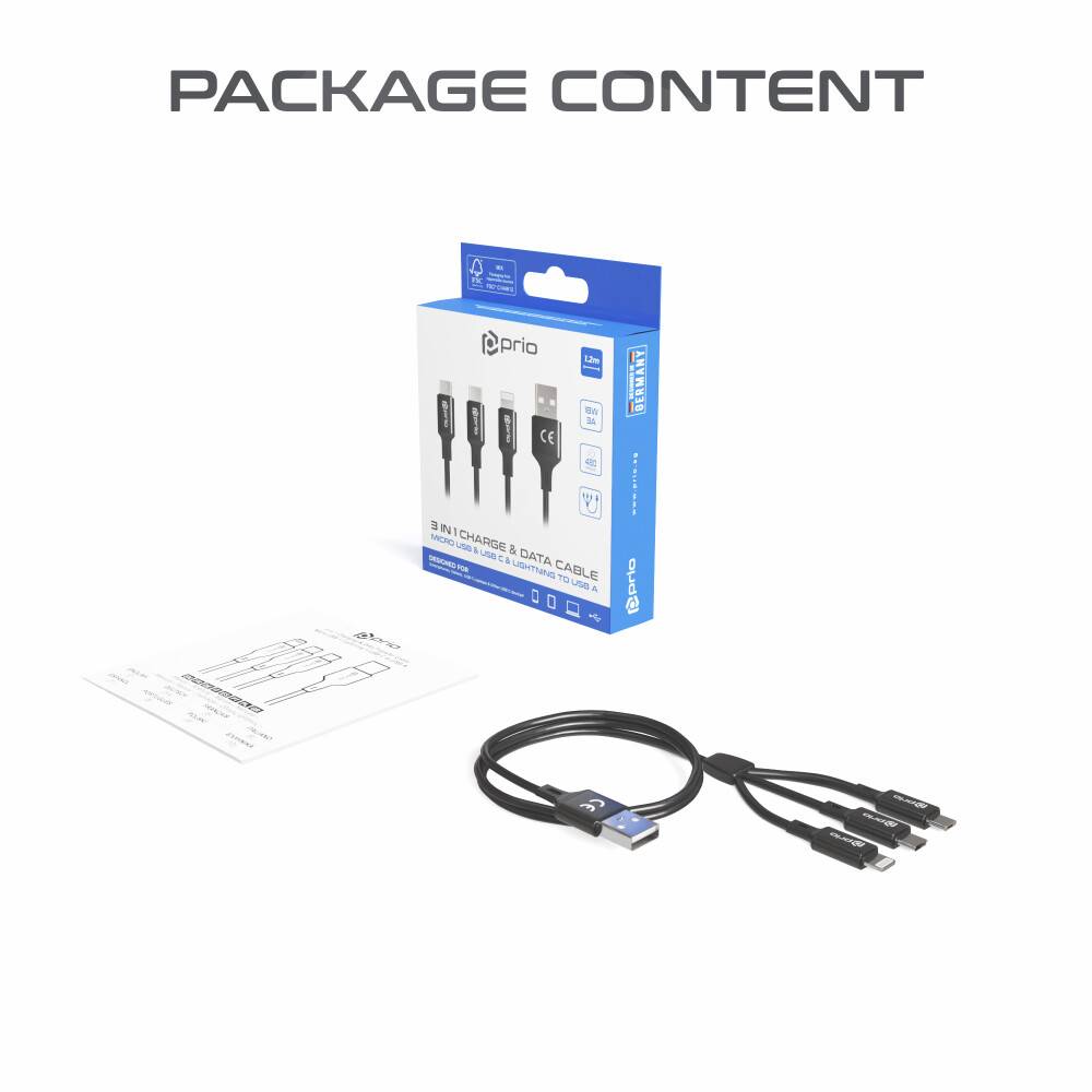 prio 3in1 Micro USB & USB C & Lightning zu USB A Kabel 3A 1,2m schwarz-2