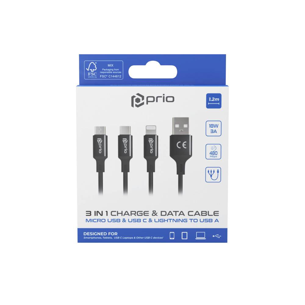 prio 3in1 Micro USB & USB C & Lightning zu USB A Kabel 3A 1,2m schwarz-3