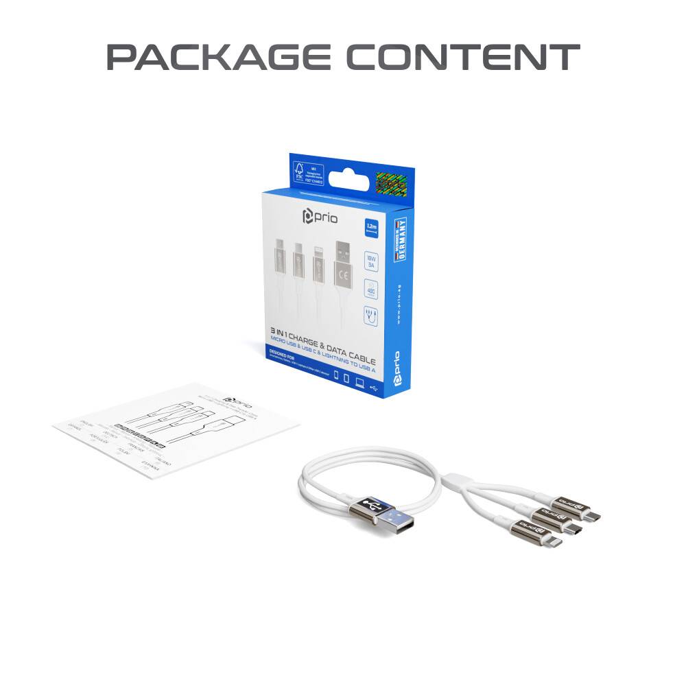 prio 3 in 1 Micro USB & USB C & Lightning zu USB A Kabel 3A 1,2m weiß-2