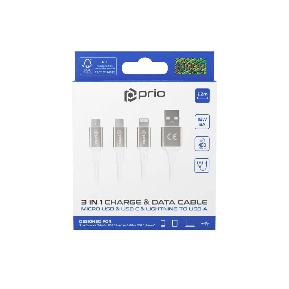 prio 3 in 1 Micro USB & USB C & Lightning zu USB A Kabel 3A 1,2m weiß-3