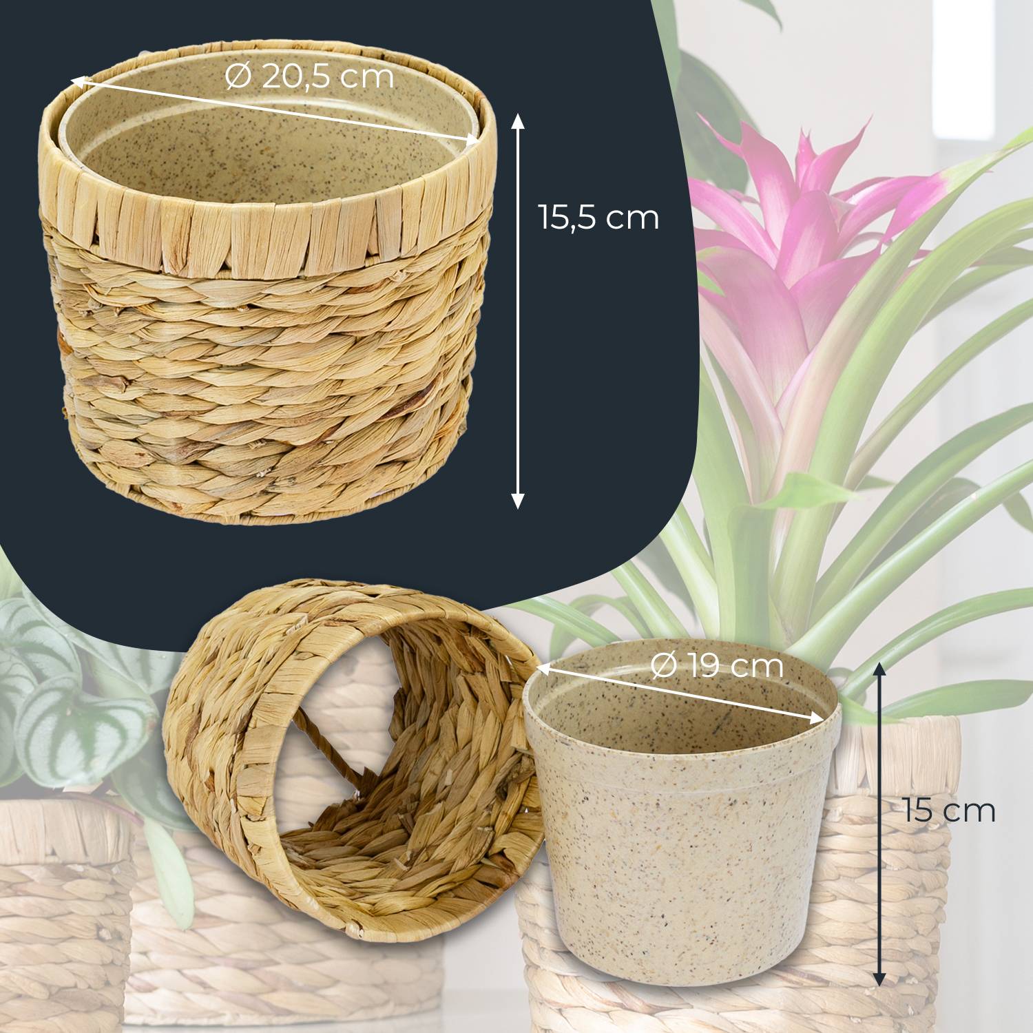 HMF Innovativer Blumentopf aus Wasserhyazinthe, mit Pflanztopf aus nachhaltigen Rohstoffen, Rund, 19 cm Durchmesser-2