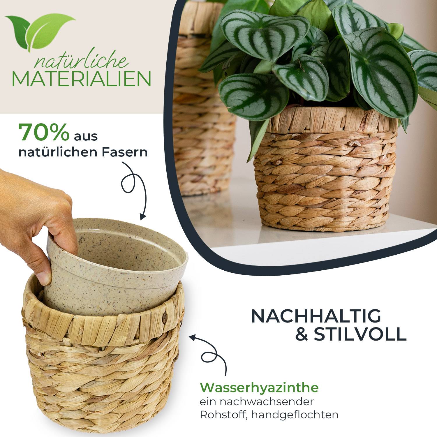 HMF Innovativer Blumentopf aus Wasserhyazinthe, mit Pflanztopf aus nachhaltigen Rohstoffen, Rund, 14 cm Durchmesser-1