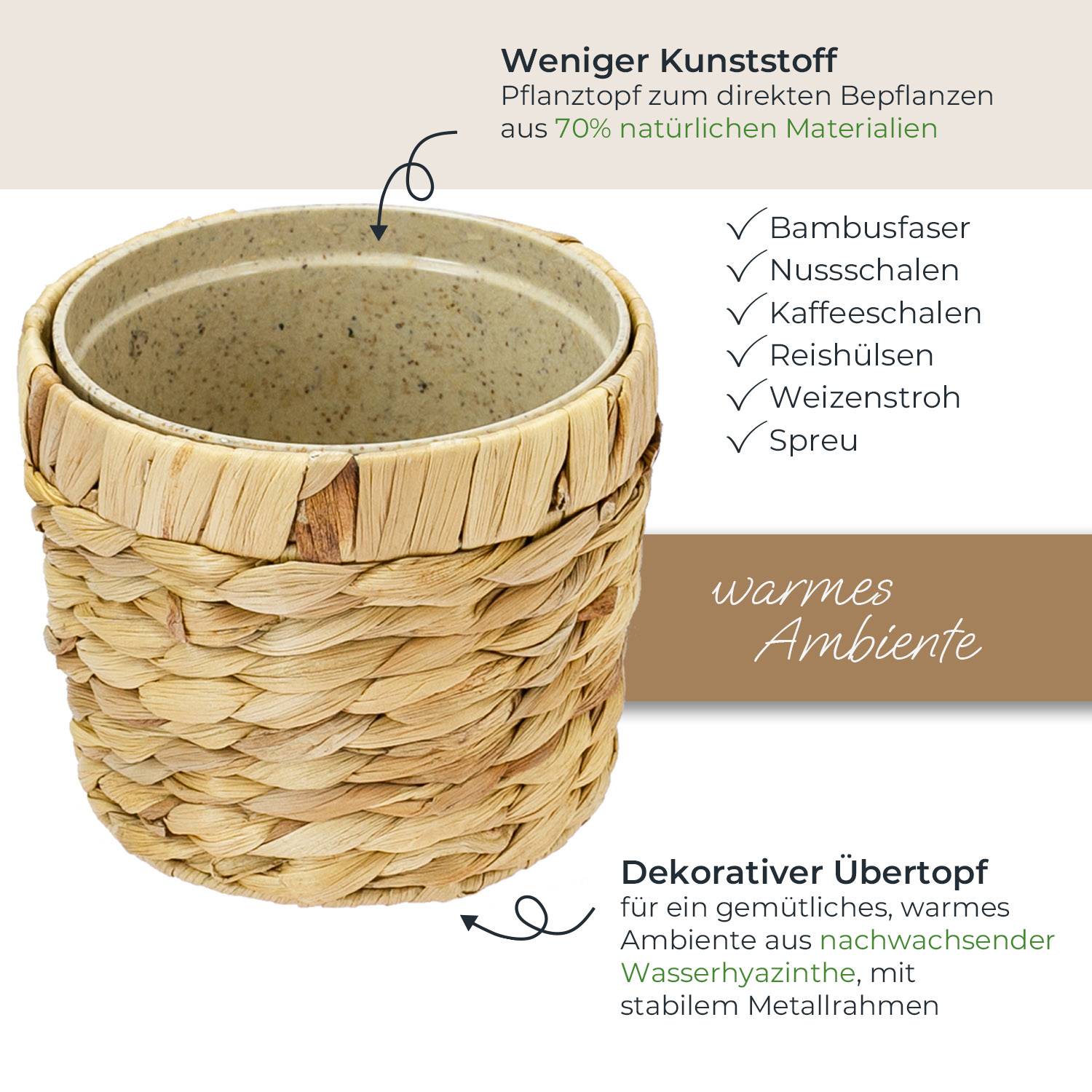 HMF Innovativer Blumentopf aus Wasserhyazinthe, mit Pflanztopf aus nachhaltigen Rohstoffen, Rund, 14 cm Durchmesser-2