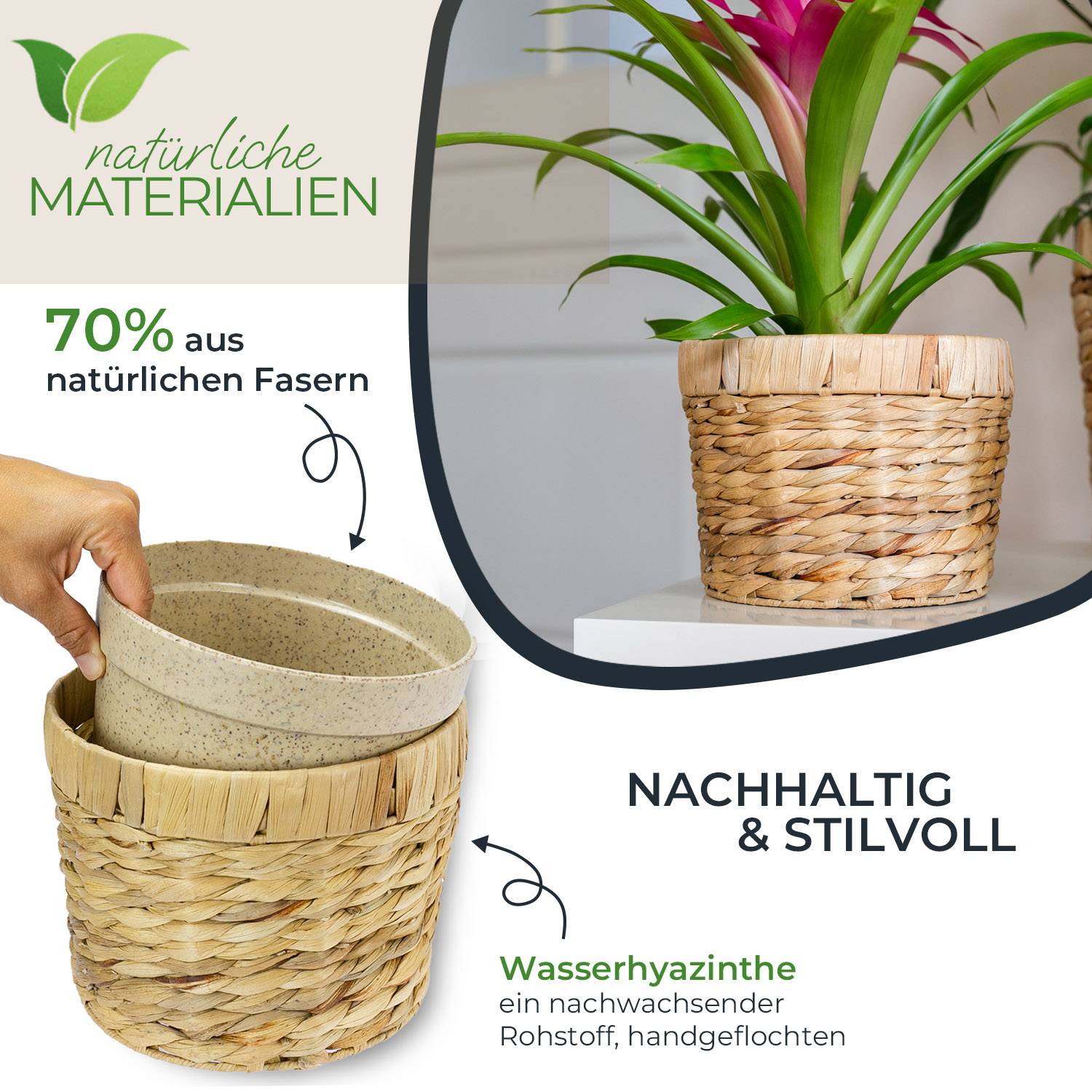 HMF Innovativer Blumentopf aus Wasserhyazinthe, mit Pflanztopf aus nachhaltigen Rohstoffen, Rund, 19 cm Durchmesser-3