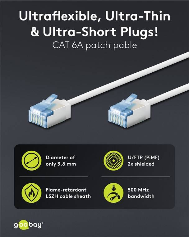 Goobay 74339 CAT 6A Slim Kabel Netzwerkkabel RJ45 Stecker 500 MHz Kupfer Patchkabel Ethernet LAN Kabel U/FTP Weiss 7,5m-1