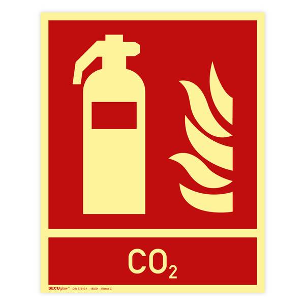 Brandschutzzeichen, Feuerlöscher, Zusatztext CO2 ISO 7010, SECUglow 185, Kunststoff, 200 x 250 mm