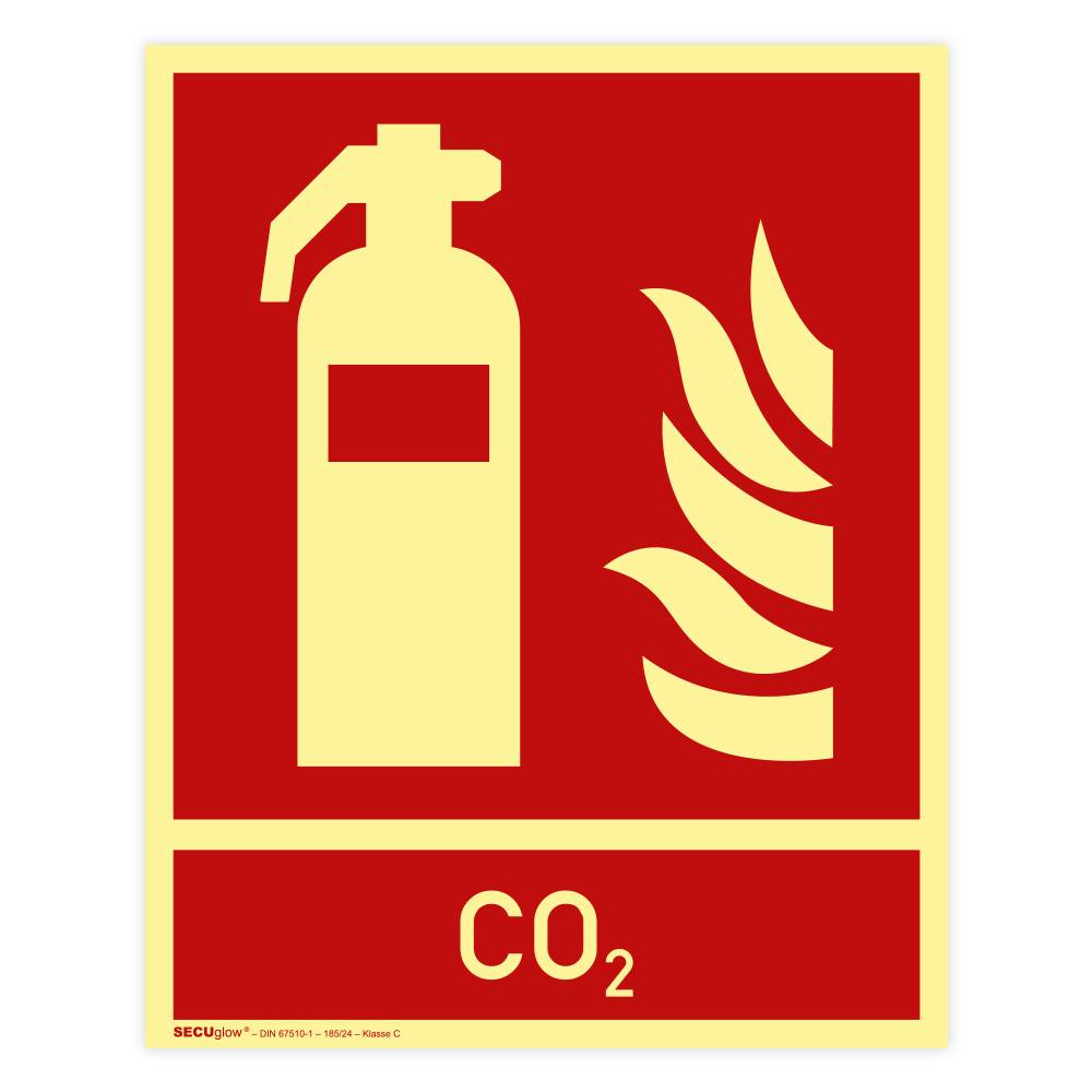 Brandschutzzeichen, Feuerlöscher, Zusatztext CO2 ISO 7010, SECUglow 185, Kunststoff, 200 x 250 mm-0