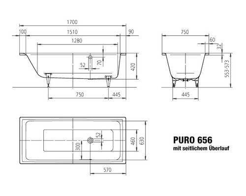 KALDEWEI Badewanne PURO 656 1700x750x410,alpinweiß-2