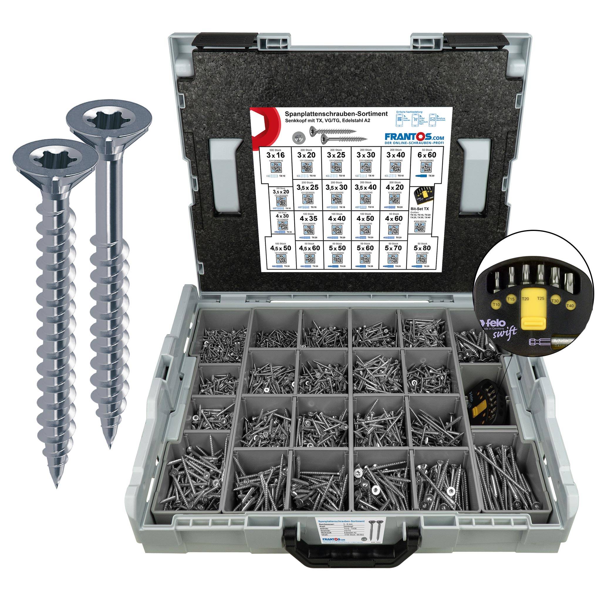 FRANTOS Schrauben-Sortiment Spanplattenschrauben Sortiment Edelstahl A2 3.151 tlg. + TX Bit-Sortimentsbox-0