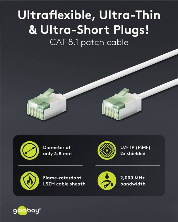 Goobay 74359 CAT 8.1 Slim Netzwerkkabel RJ45 Stecker 2000 MHz Kupfer Patchkabel Ethernet LAN Kabel U/FTP Weiss 0,5 m-1