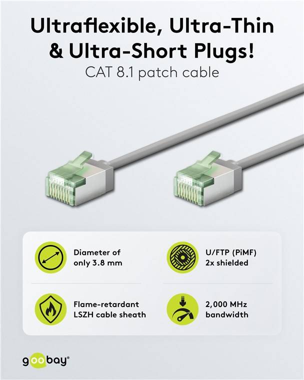 Goobay 74349 CAT 8.1 Slim Netzwerkkabel RJ45 Stecker 2000 MHz Kupfer Patchkabel Ethernet LAN Kabel U/FTP Grau 5,0 m-1
