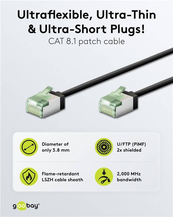 Goobay 74354 CAT 8.1 Slim Netzwerkkabel RJ45 Stecker 2000 MHz Kupfer Patchkabel Ethernet LAN Kabel U/FTP Schwarz 2,0 m-1