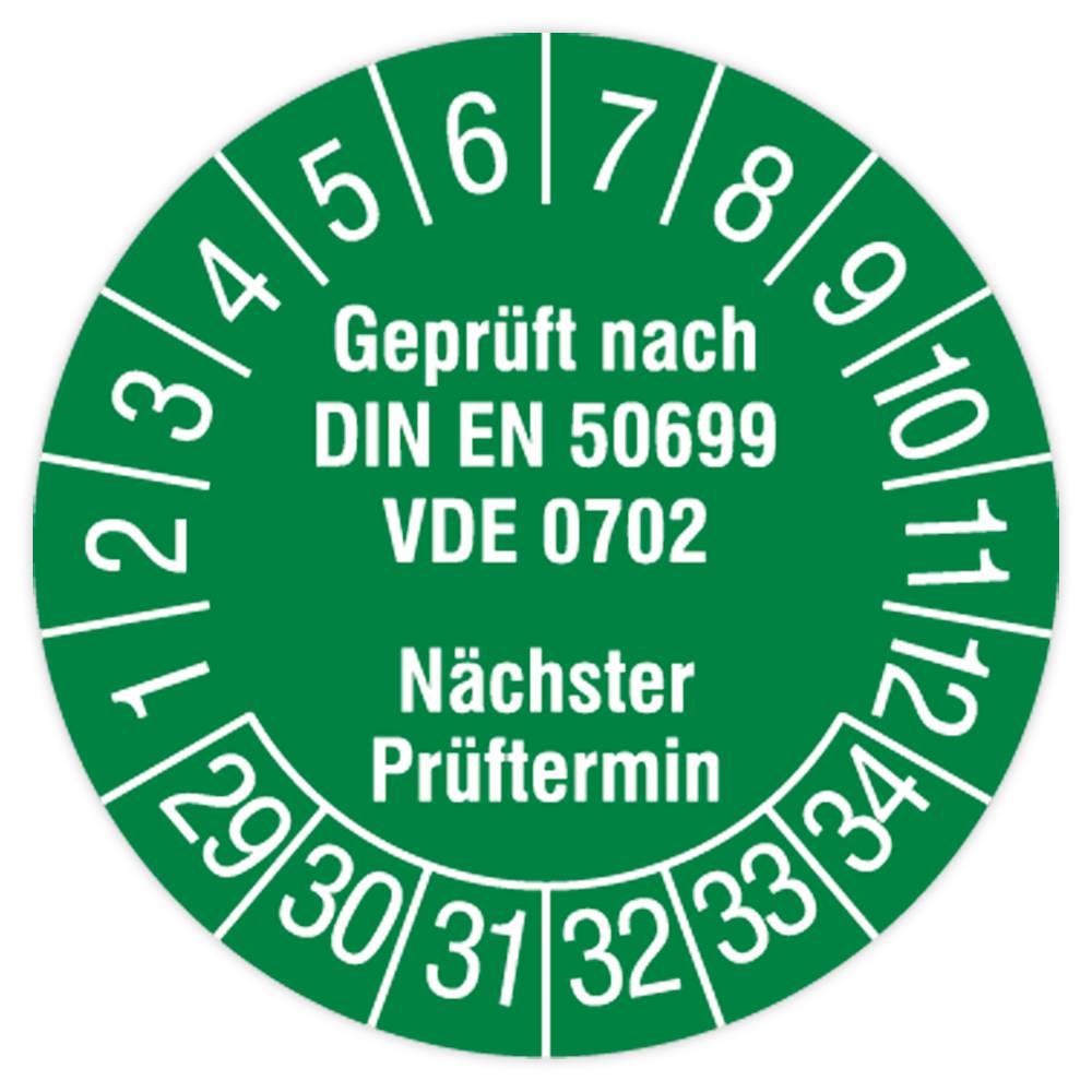 Prüfplakette, Geprüft nach DIN EN 50699, VDE 0702, 2029 - 2034, Standardfolie, Ø 15 mm, 160/Heft-0