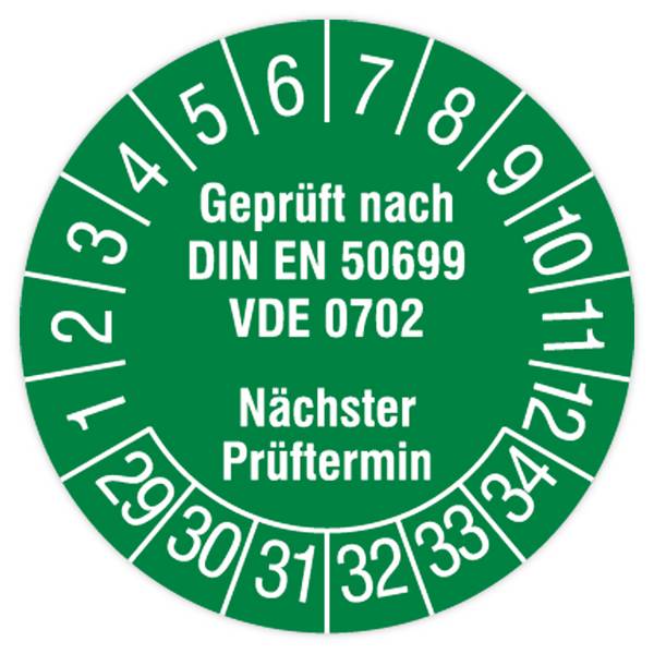 Prüfplakette, Geprüft nach DIN EN 50699, VDE 0702, 2029 - 2034, Dokumentenfolie, Ø 30 mm, 108/Heft